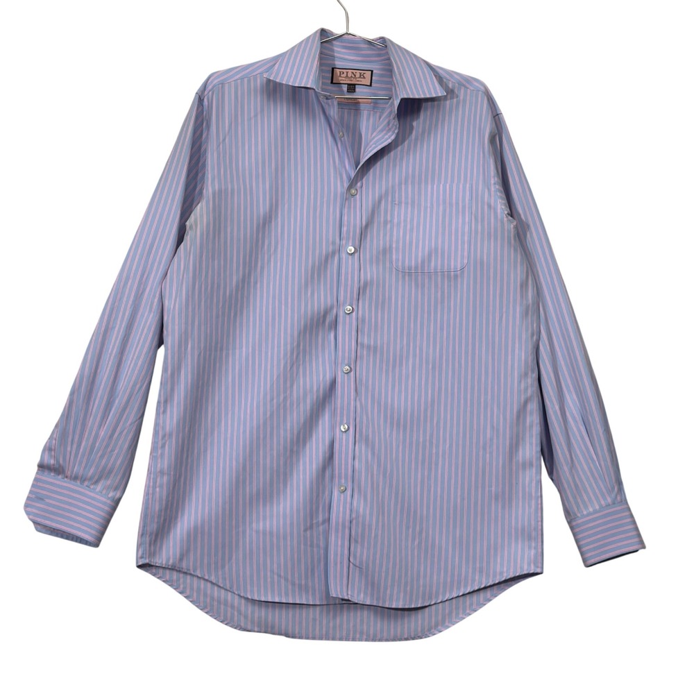 Thomas Pink Button Down Men 16-36.5 Blue Pink Stripe Traveller Cotton Business